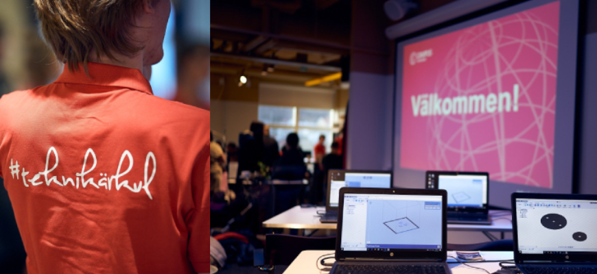 En skjorta visas med texten #teknikärkul och en sal med datorer och projektor